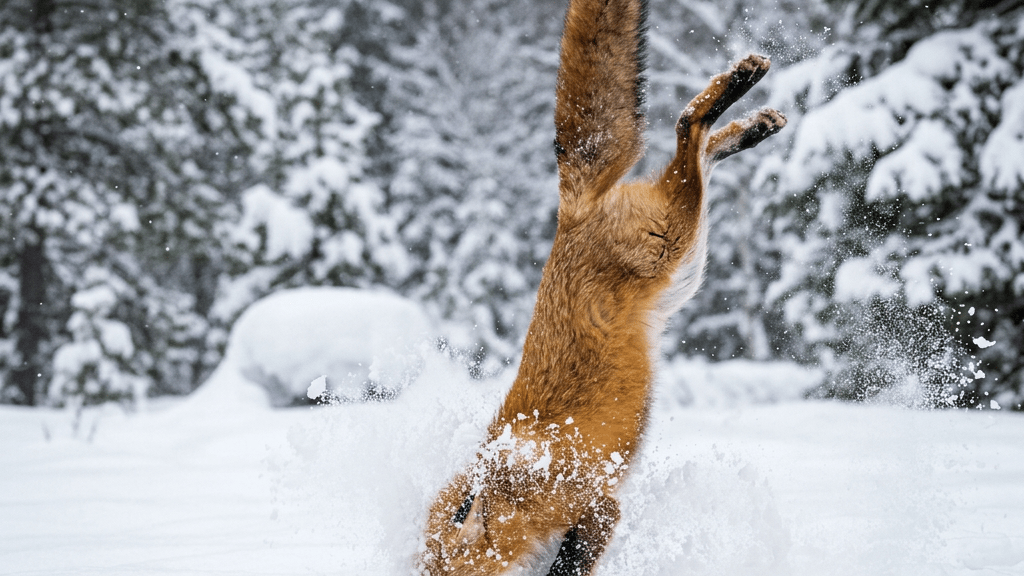 Red fox diving headfirst into deep snow in forest